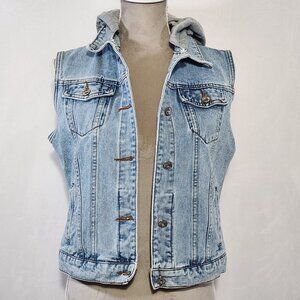 Vest Stone Wash Blue Denim Size S Detachable Hood Button Down Sleeveless Pocket
